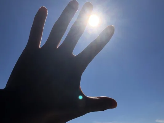 太陽に手をかざしている写真